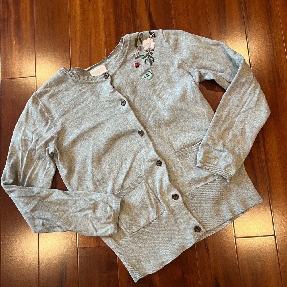 Hanna Andersson Girls Sweater Cardigan Knit Gray Embroidered Size 150 Kids 10-12